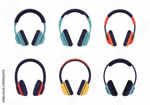 Collection of six colorful vector headphones icons. Flat illustrations representing audio equipment, music listening devices, and sound entertainment accessories isolated on white.