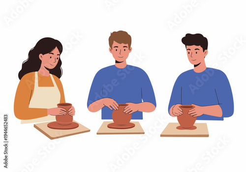 Three people learning pottery together, shaping clay pots by hand in an art studio or workshop illustration.