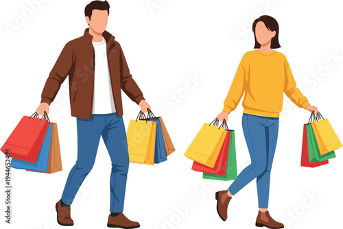 Flat vector illustration of a young couple walking and carrying many colorful shopping bags, retail therapy, seasonal sale, fashion consumerism.