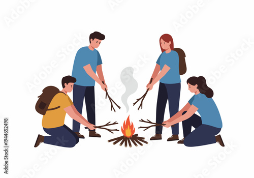 Four young people building a campfire together while camping, demonstrating teamwork and outdoor adventure on a white background.
