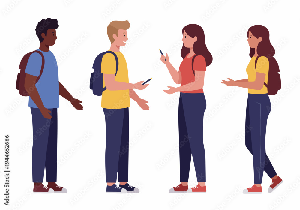 Fototapeta premium Group of diverse young adult students with backpacks standing and interacting, symbolizing education, teamwork, and modern campus life.