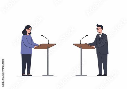 Male and female speakers stand behind lecterns with microphones, prepared for a public debate or conference presentation.