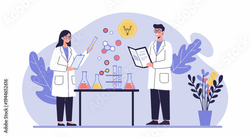 Scientists collaboration in laboratory research, experimenting with chemicals in test tubes and discovering new molecular structures.