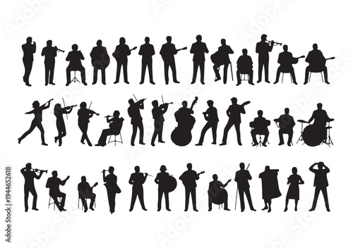 A large group of musicians playing various instruments including guitars, drums, and trumpets on stage