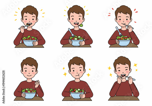 Young Man Eating Healthy Salad Illustration Set. Six panels depicting expressions of enjoyment, healthy eating, and dietary satisfaction.