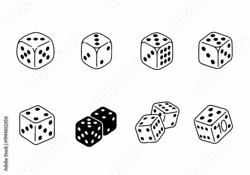 Dice Icon Set Vector Illustration. Black and white gambling symbols, including single cubes and pairs, for casino games and risk concepts.