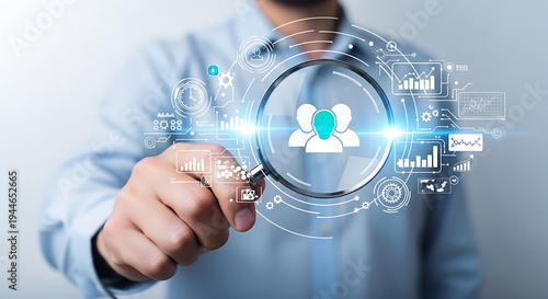 Human resources management and customer relationship management concept with hand holding magnifying glass over people icon