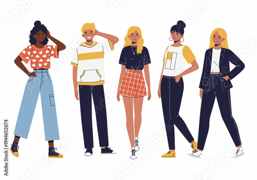 Diverse group of trendy young men and women standing together in fashionable clothes, showcasing modern street style and unity.