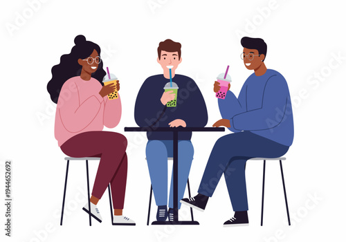 Group of diverse friends drinking bubble tea, sitting at a table and socializing in a casual setting illustration.