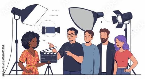 Diverse movie production team and actors preparing to film a scene in a professional studio setting.