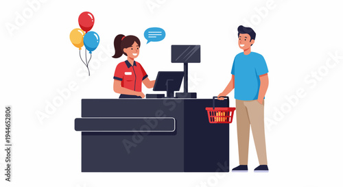 A friendly cashier serving a customer at the checkout counter, surrounded by balloons, illustrating retail transaction and customer service.