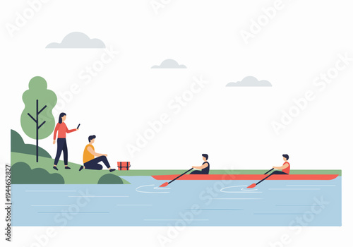 Flat vector illustration of people enjoying leisure time by the water, with rowers in a boat and friends relaxing on the grassy riverbank.