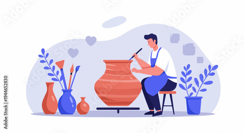 Flat vector illustration of a man crafting and decorating a clay pot in a pottery studio.