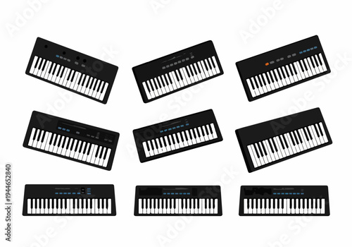 Scattered musical synthesizer keyboards forming a dynamic background pattern on a clean white backdrop, representing electronic music production and performance.