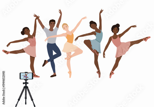 Diverse group of ballet dancers performing poses while being recorded by a smartphone on a tripod, isolated on white.