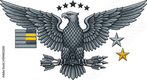 Metallic American Eagle Emblem Vector Illustration, Patriotic Bald Eagle Holding Arrows with Stars and Military Rank Symbols, Heraldic Crest Design