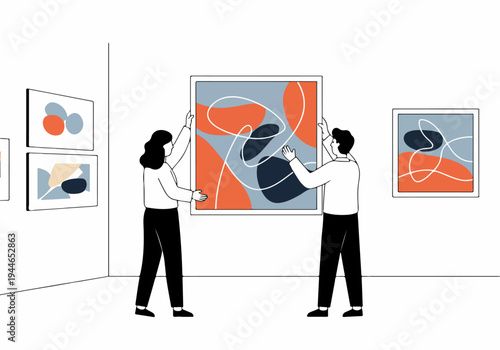 Two people hanging a colorful abstract artwork in a minimalist gallery setting, preparing for a new exhibition opening.