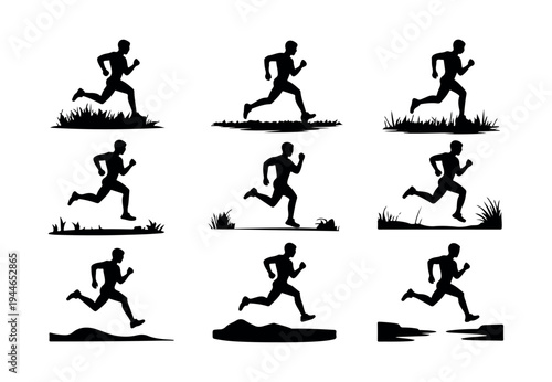 Dynamic black silhouettes of a male runner jogging and exercising on various grassy terrains