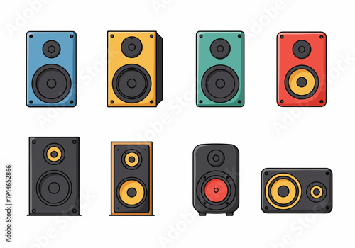 Set of 8 colorful cartoon audio speakers and stereo sound boxes isolated on white, perfect for music and sound design elements.