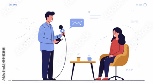 Journalist conducting an interview with a seated businesswoman or expert, featuring data visualization in the speech bubble, flat vector illustration.