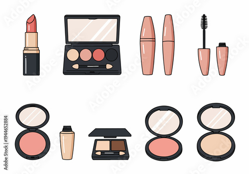 Flat vector illustration set of essential cosmetic products: lipstick, mascara, foundation, eyeshadow, blush, and face powder icons.