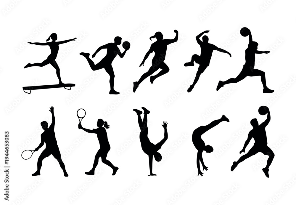 Obraz premium Dynamic black silhouettes of multiple athletes engaging in diverse sports activities and exercises