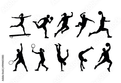 Dynamic black silhouettes of multiple athletes engaging in diverse sports activities and exercises