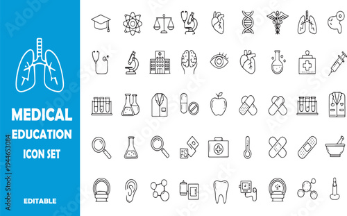 Advanced Medical Education and Healthcare Line Icon Set: Comprehensive Anatomy, Diagnostic Equipment, and Laboratory Vector Symbols
