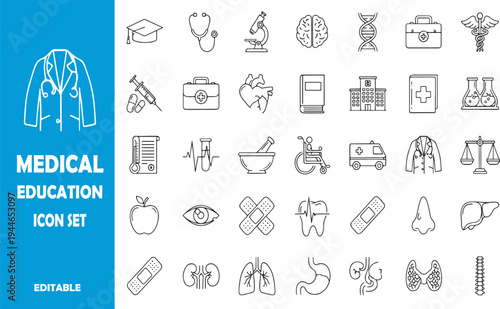 Medical Education and Human Anatomy Line Icon Set: Professional Healthcare, Hospital, and Biology Vector Symbols
