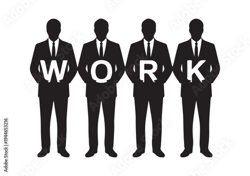 Four identical men in suits hold white letters spelling out the word WORK in a straight line