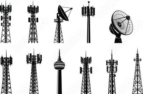 Set of telecommunication tower and satellite dish vector silhouettes isolated on white background for 5G network technology and global communication