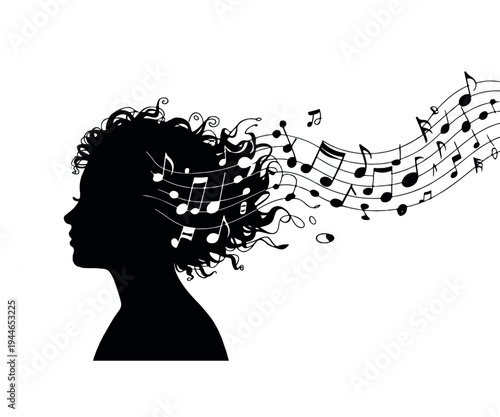 Elegant female head silhouette with musical notes and staff flowing from her curly hair