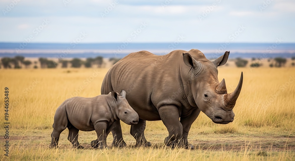 Obraz premium Mother and baby rhinoceroses grazing in the savanna under a clear sky