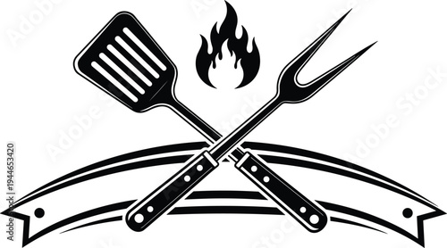 Barbecue Grill Logo Emblem Featuring Crossed Spatula and Meat Fork with Flame and Ribbon Banner Silhouette Vector Illustration for BBQ
