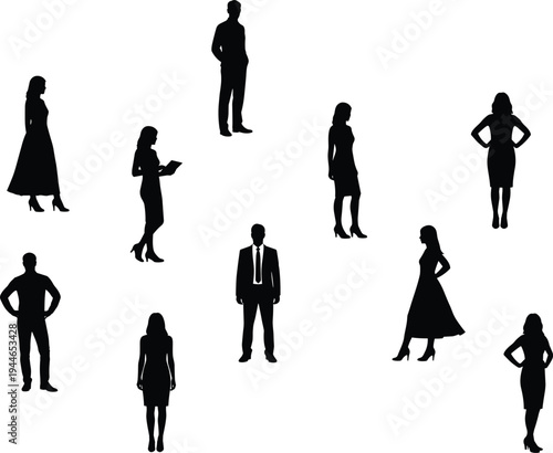 Business people silhouettes, diverse team standing, professional men and women figures, corporate group concept, leadership teamwork, isolated black human silhouettes