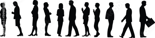 Business queue silhouette, waiting line, professional people, standing in order, office workers, teamwork concept, corporate crowd, orderly arrangement, social behavior illustration