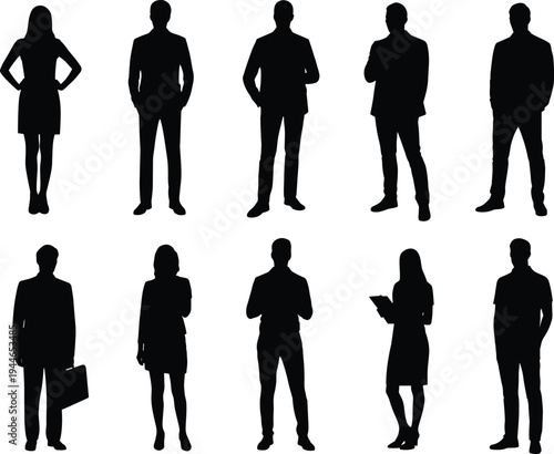 Business professionals silhouettes standing in various poses, teamwork concept, corporate diversity illustration, office workers icons, leadership and collaboration design