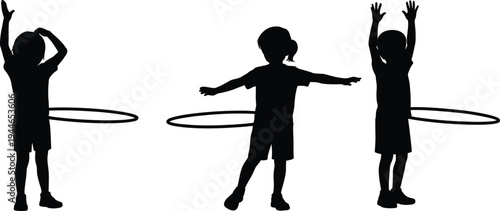 Children silhouettes playing with hula hoops, fun activity, fitness exercise, childhood motion, outdoor recreation, playful energy, balance, movement illustration
