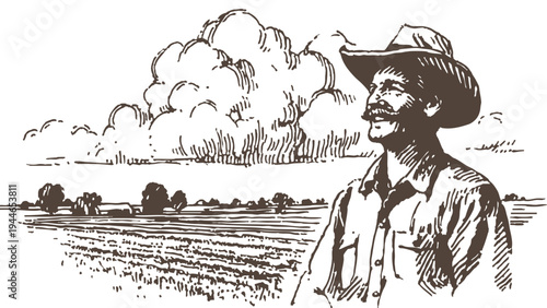 Smiling farmer portrait agricultural field countryside scene. Rural worker standing near cultivated farmland and clouds. Classic hand drawn sketch illustration style, background for harvest themes.