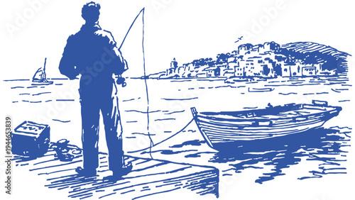 Fisherman standing pier fishing rod seaside view. Man facing town and calm water scene. Background for marine landscape layout. Traditional pencil sketch drawing style.