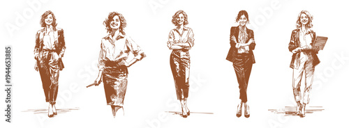 Elegant business woman professional confident standing pose. Modern female office character with stylish outfit and leadership presence. Pencil sketch drawing style. Banner for corporate presentation.