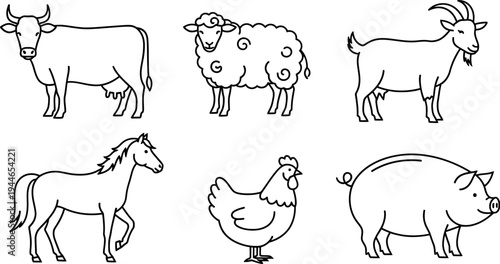 Minimalist black and white outline icons featuring a comprehensive collection of common farm animals including a cow, sheep, goat, horse, chicken, and pig.