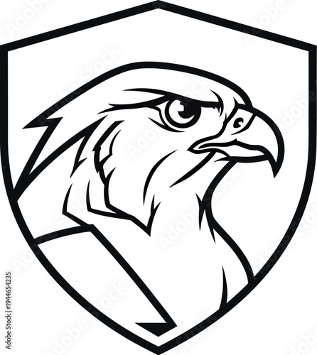 Striking black and white line art illustration depicts a fierce falcon head emblem contained within a stylized heraldic shield shape