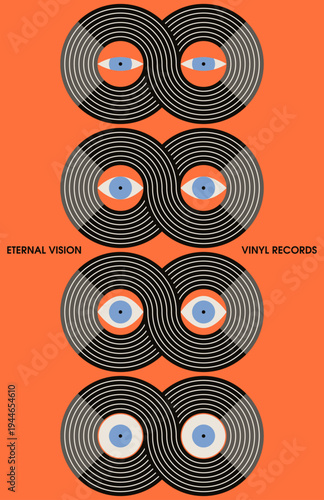 Vinyl Record with Eyes. The symbol of infinity. Music poster design template. Music cover. Music background vector illustration. Cartoon Eyeballs. Artistic Vision.	