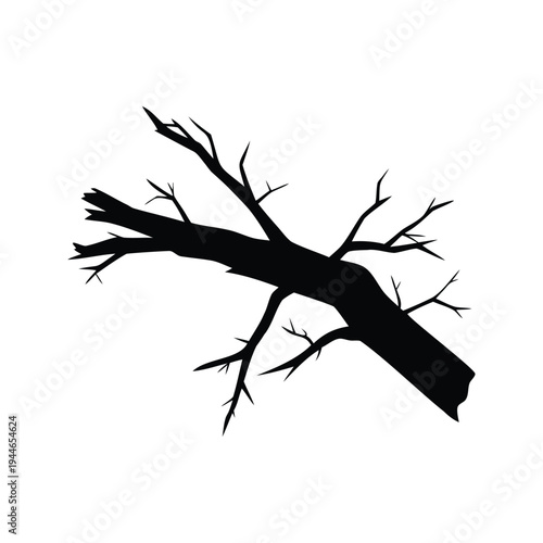 broken branch silhouette vector illustration, Silhouette of a tree branch with intricate details in a black and white vector illustration design