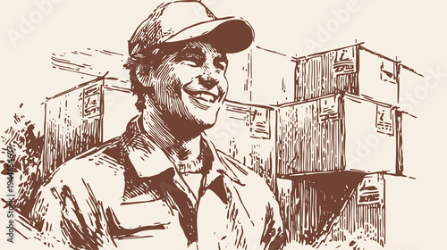 Confident warehouse employee standing near stacked cartons. Young logistics staff smiling in storage area. Pen hand drawn graphic sketch drawing style.