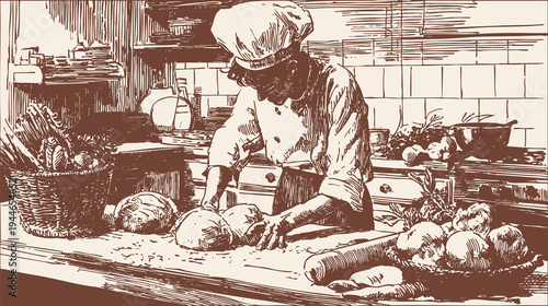 Chef cutting fresh vegetables on wooden table. Background for recipe books and organic food packaging. Rough pencil hand drawn sketch style with rustic farm atmosphere.