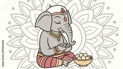 Meditating Elephant Headed Deity with Sweets Bowl Mandala Illustration