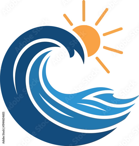 Stylized graphic design featuring a deep blue ocean wave cresting dynamically with a bright orange sun shining above it