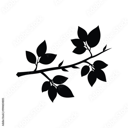 dead branch with leaves silhouette vector illustration, Silhouette of leaf branch with multiple leaves on a white background vector illustration